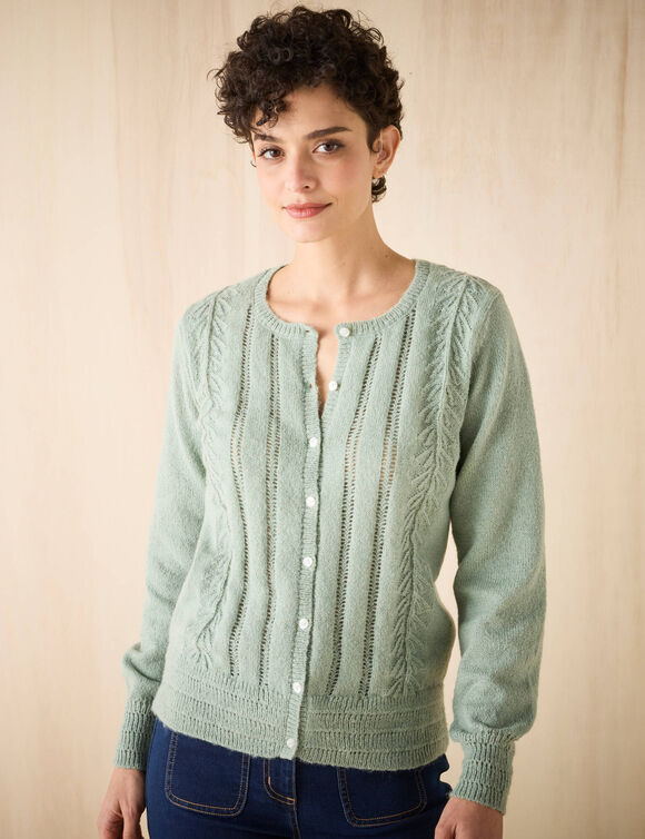 Gilet boutonné col rond, maille fantaisie (vert d'eau) Gilet boutonné col rond, maille fantaisie (vert d'eau)